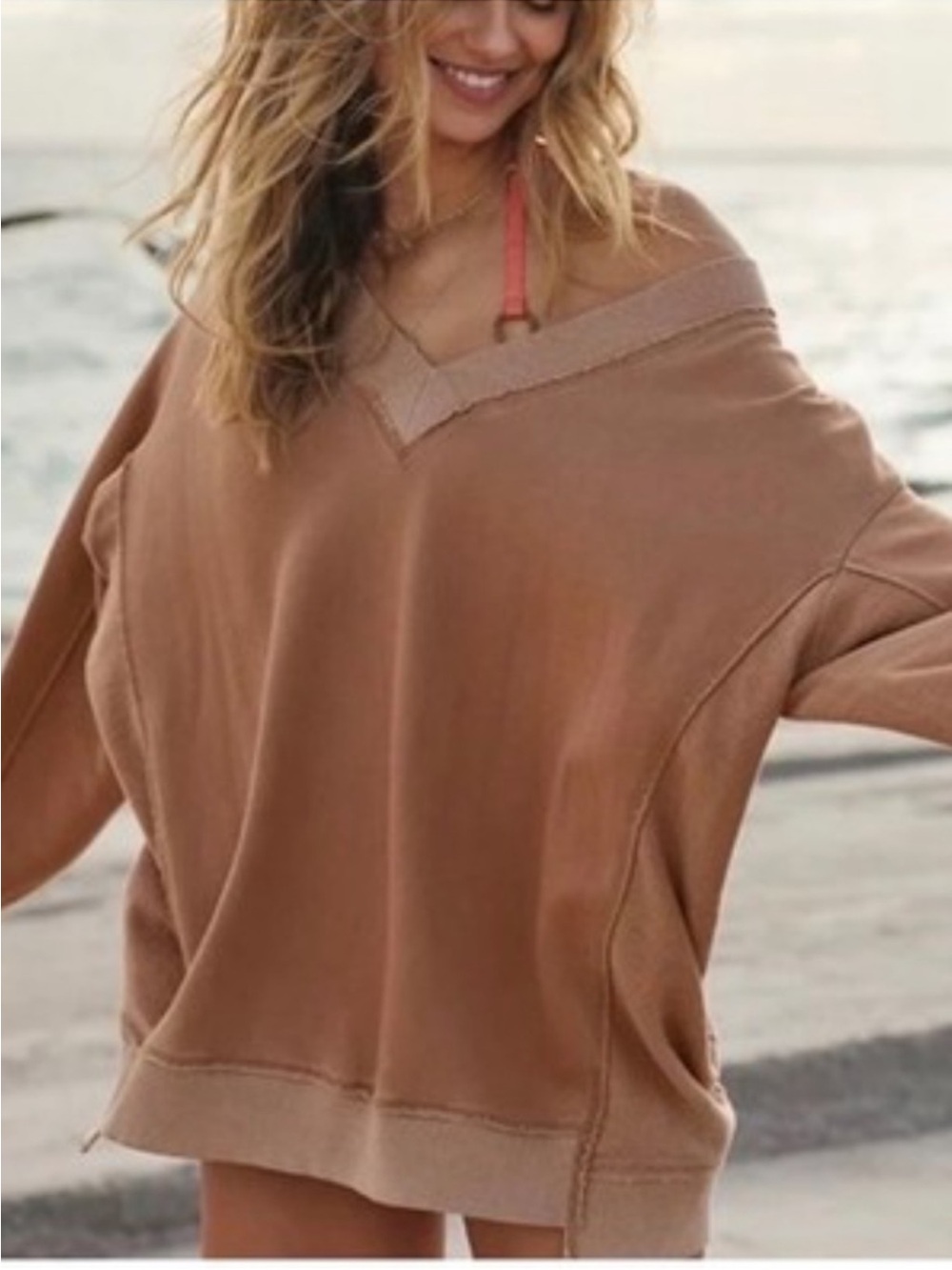 Aerie Oversized Off-the-Shoulder V-Neck Sweater in Brown